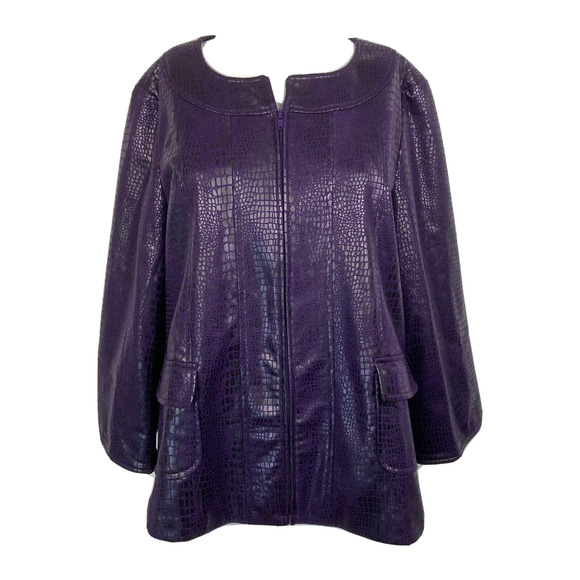 Susan Graver Jackets & Blazers - Susan Graver Blazer Jacket Womens M Purple‎ Snake Print Full Zip 3/4 Bell Sleeve